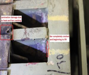 Rotor bars cracking and lifting under heat due to lamination damage