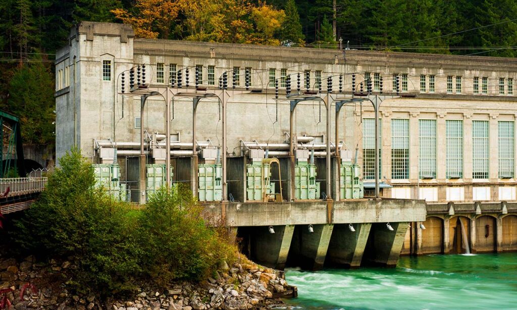 A hydroelectric dam harnessing the power of flowing water.