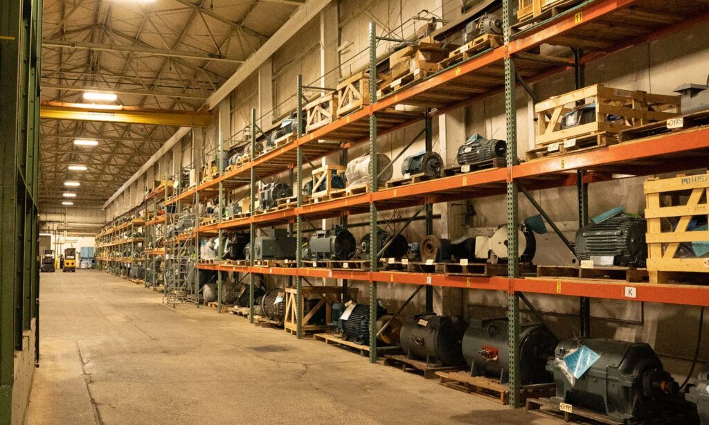 A clean warehouse with motor storage.