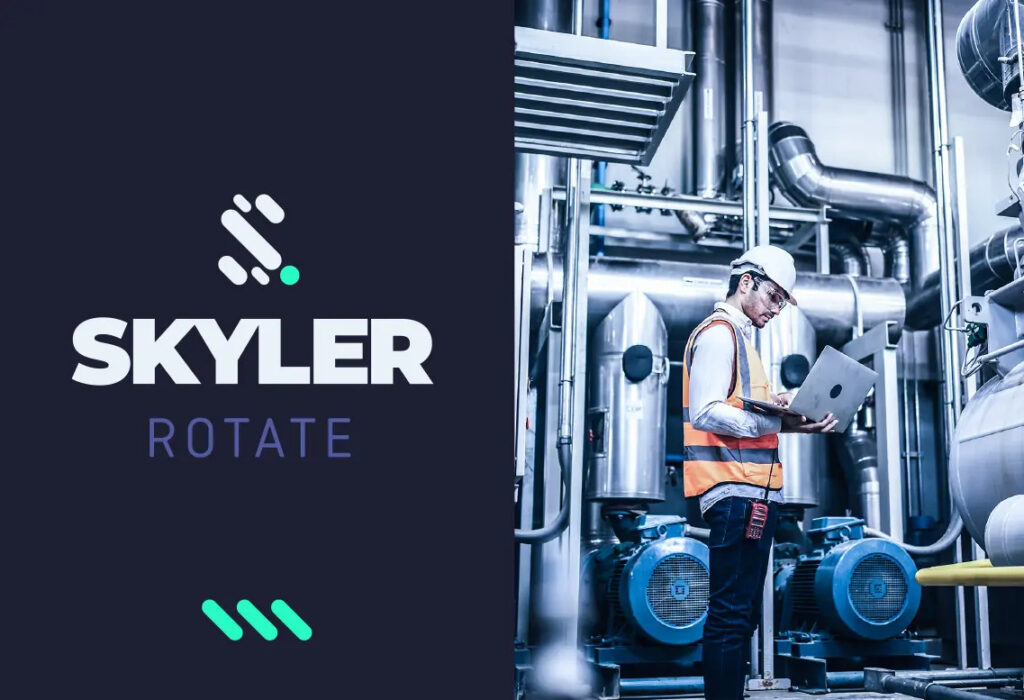 Skyler Rotate logo with a worker using a laptop near industrial equipment.