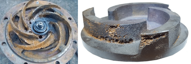 Two images side by side showing two separate broken impellers from a pump.